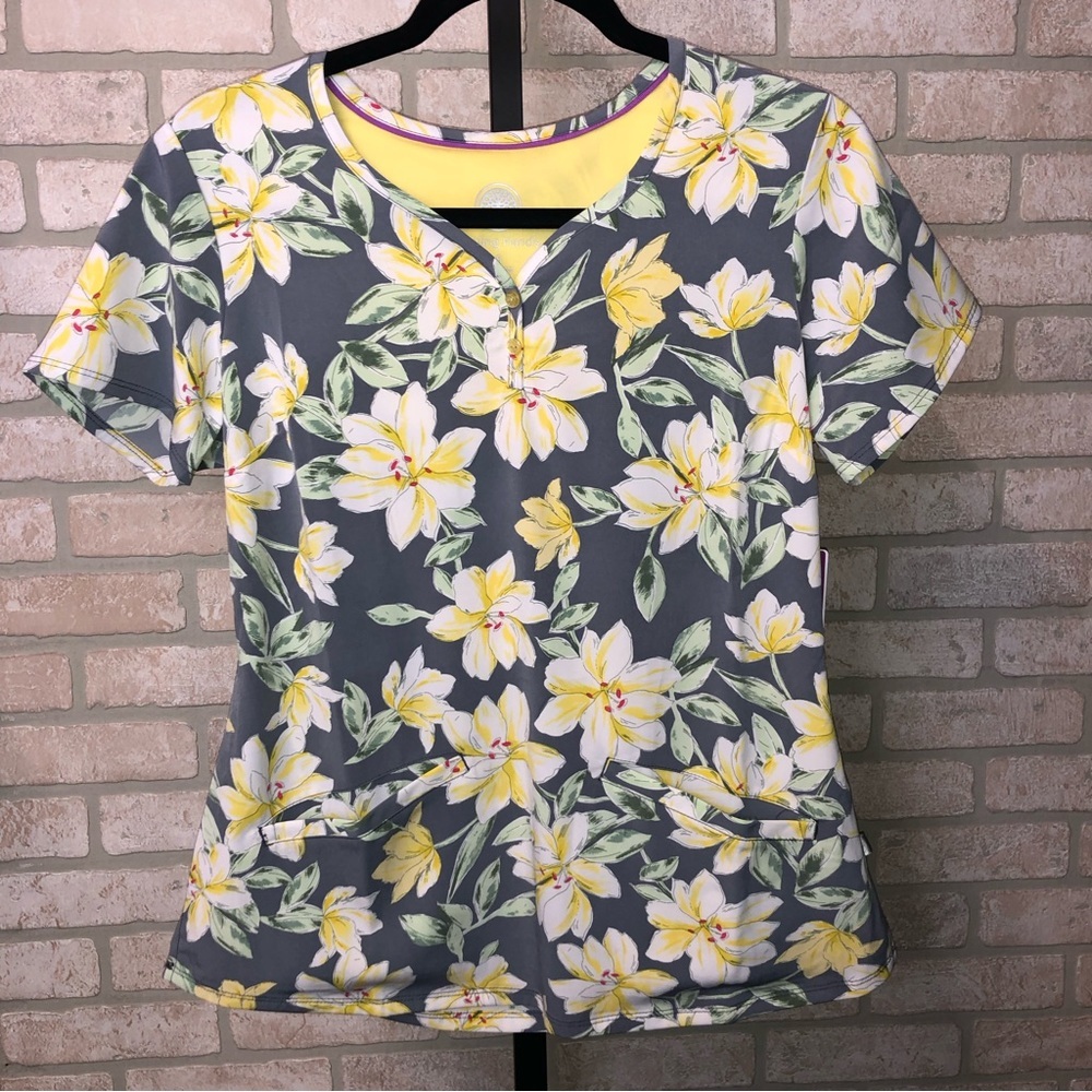 Healing Hands Purple Label Two Button Jewel Neck grey yellow floral scrub top
